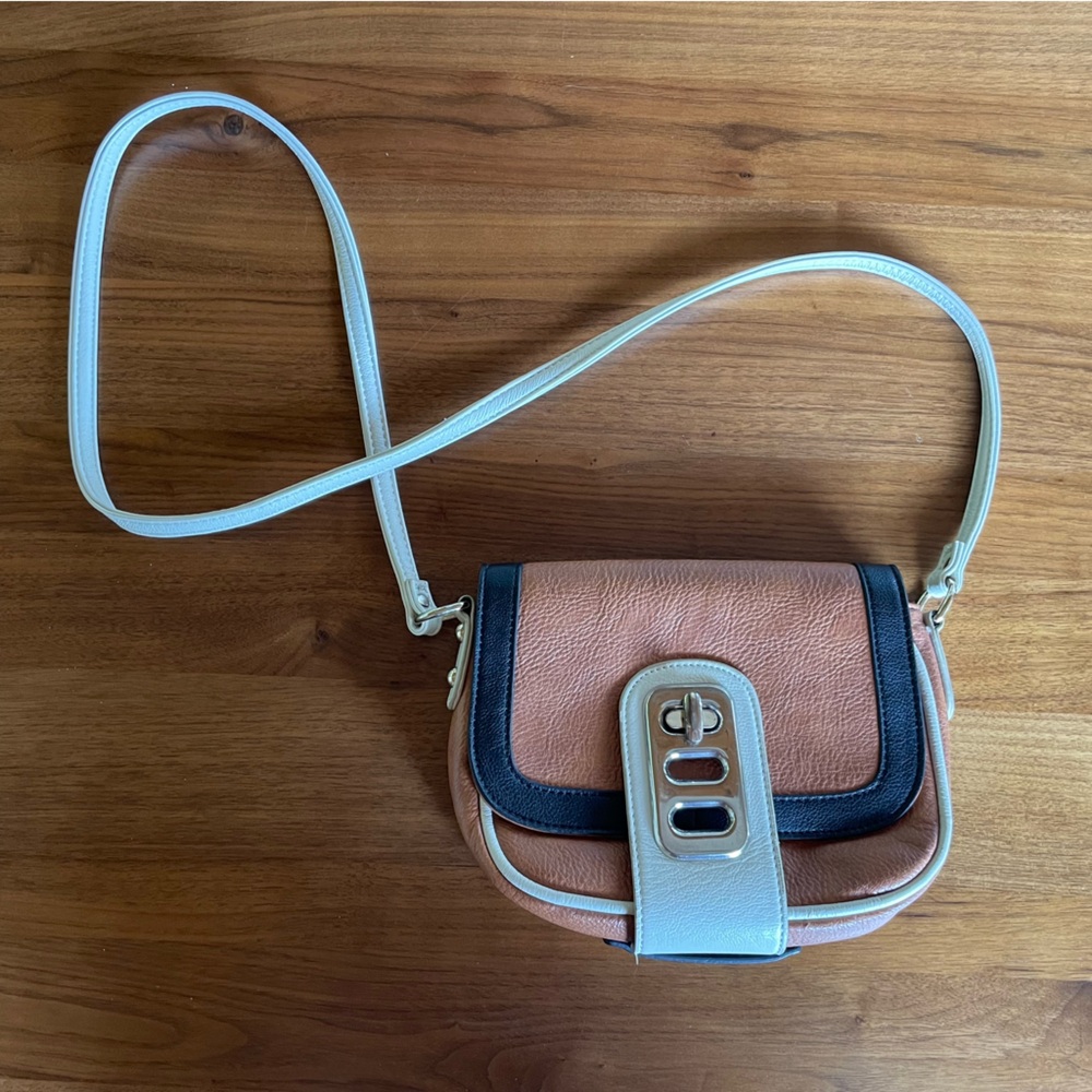 Aldo faux leather cross body saddle bag - tan, black, white, buckle closure